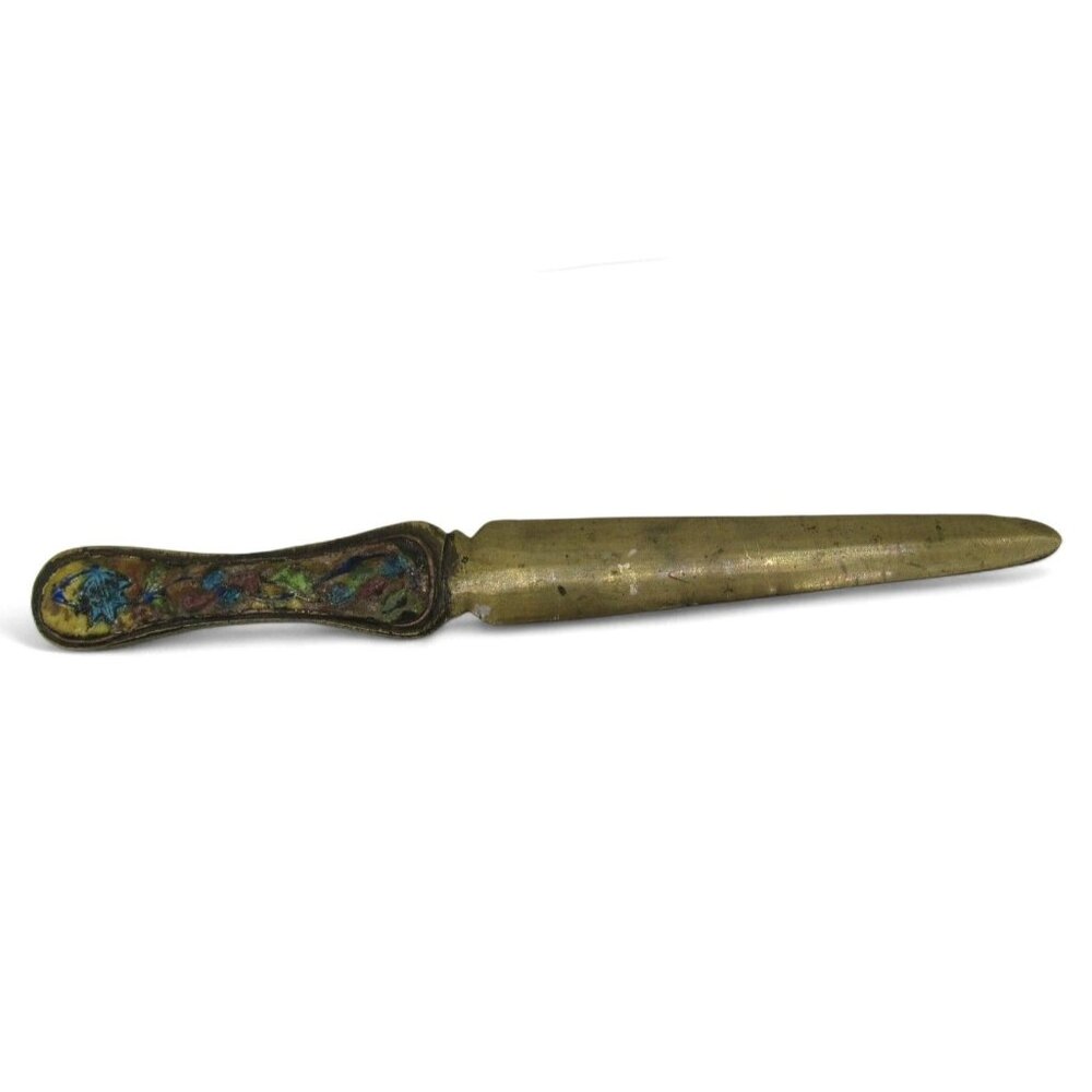 Antique Brass LETTER OPENER With Ornate Enamel Handle Design 7 Inches